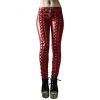 Mandotos steampunk leather skinny pants featuring a fitted design with buckle accents and a vintage industrial style.