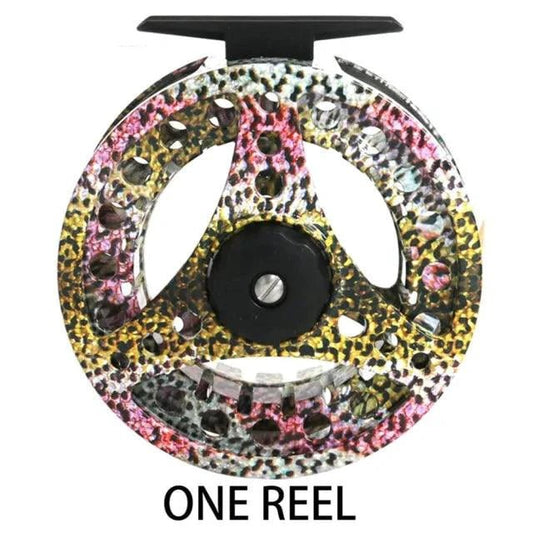 Mandotos Stream Master fishing reel with black and silver design, showcasing the reel's handle and spool in close-up.