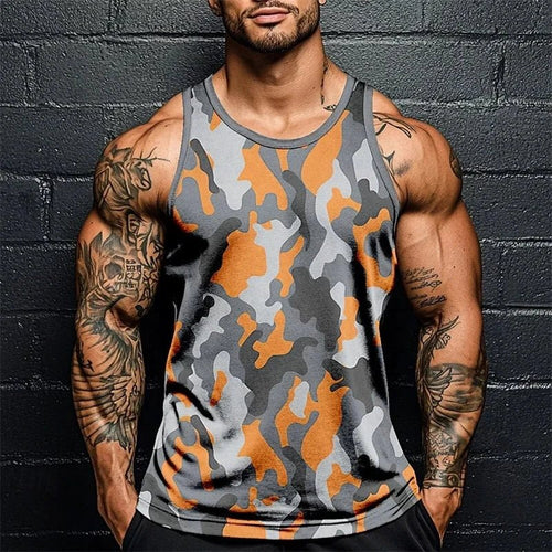 Summer Men Classic Camo Print Fitness Tank Top Gym Sports Loose Breathable Soft Sleeveless Top Fashion Simple Men's Vest Tee MANDOTOS