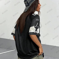 Mandotos black Speed 91 print V-neck T-shirt for women, featuring patchwork design, short sleeves, sports-inspired, oversized fit.