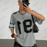 Mandotos black Speed 91 print women's V-neck T-shirt with patchwork, short sleeves, sports football style, oversized Y2K top.