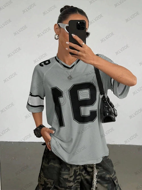 Summer New Black Speed 91 Print T-Shirt For Women V-Neck Patchwork Short Sleeve Sports Football Jersey Y2K Loose Oversized Tops - MANDOTOS