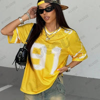 Mandotos black Speed 91 print V-neck T-shirt for women, oversized patchwork short sleeve sports football jersey, Y2K style.