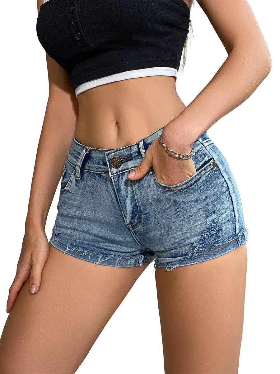 2025 Summer Vibe Women's High-Waisted Sexy Denim Shorts with Button Detail - MANDOTOS