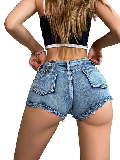 2025 Summer Vibe Women's High-Waisted Sexy Denim Shorts with Button Detail - MANDOTOS