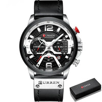 Mandotos Tactical Elegance Leather Watch with black strap and round dial showing time and chronograph features.