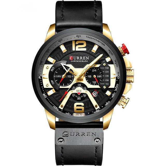 Mandotos Tactical Elegance Leather Watch with black dial and brown leather strap, showcasing a stylish and functional timepiece.