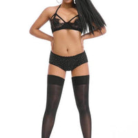 Shiny black thigh-high socks with a sexy, sleek design from MANDOTOS, perfect as knee stockings for stylish fashion.