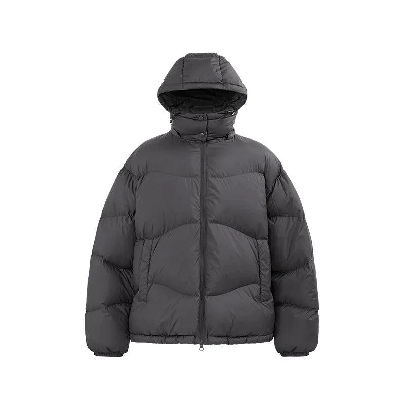 Mandotos thin, portable puff down jacket with solid color and hood, designed for lightweight warmth and easy packing.