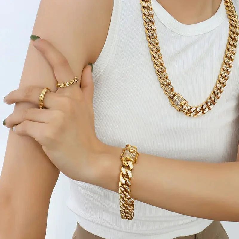 TOSOKO 18K Gold Plated Cuban Chain Set with Zircon - MANDOTOS