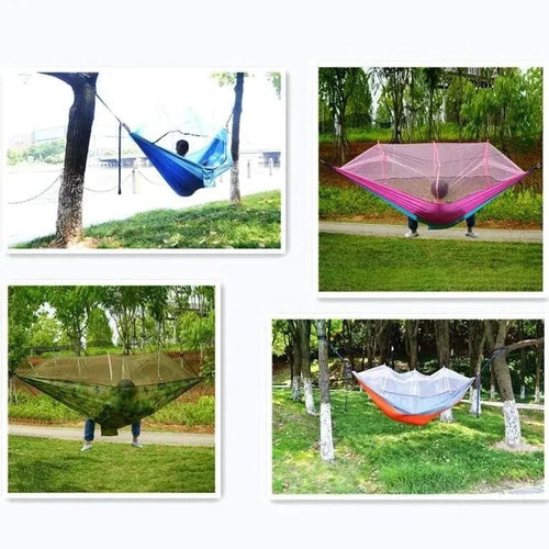 Mandotos Traveler's Mosquito-Free Hammock with mosquito net and adjustable straps for outdoor camping and relaxing.