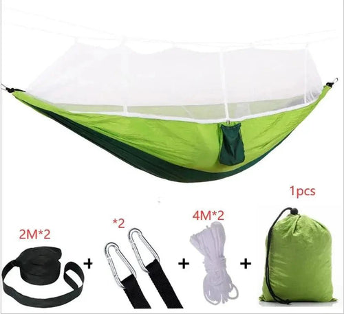 Mandotos Traveler's Mosquito-Free Hammock hanging outdoors with mesh sides and sturdy straps for comfortable, bug-free relaxation