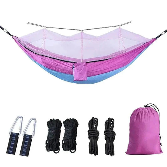Mandotos Traveler's Mosquito-Free Hammock with net, lightweight and portable for outdoor camping and relaxing in nature.