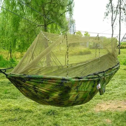 Mandotos Traveler's Mosquito-Free Hammock with mesh sides for outdoor relaxation and insect protection.
