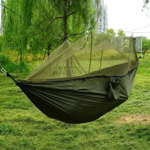 Mandotos Traveler's Mosquito-Free Hammock with durable netting and lightweight design for outdoor camping and relaxation.