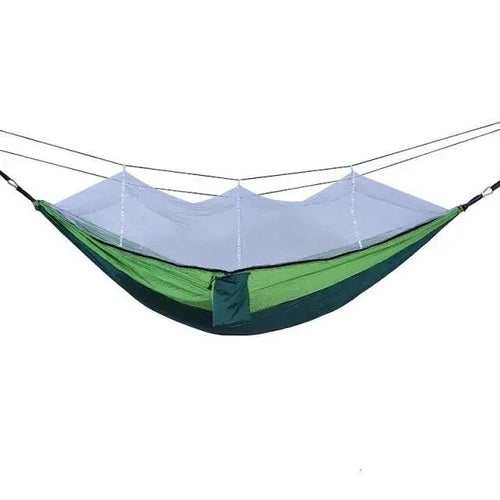 Mandotos Traveler's Mosquito-Free Hammock hanging outdoors with mesh sides and sturdy straps, ideal for camping and relaxing.