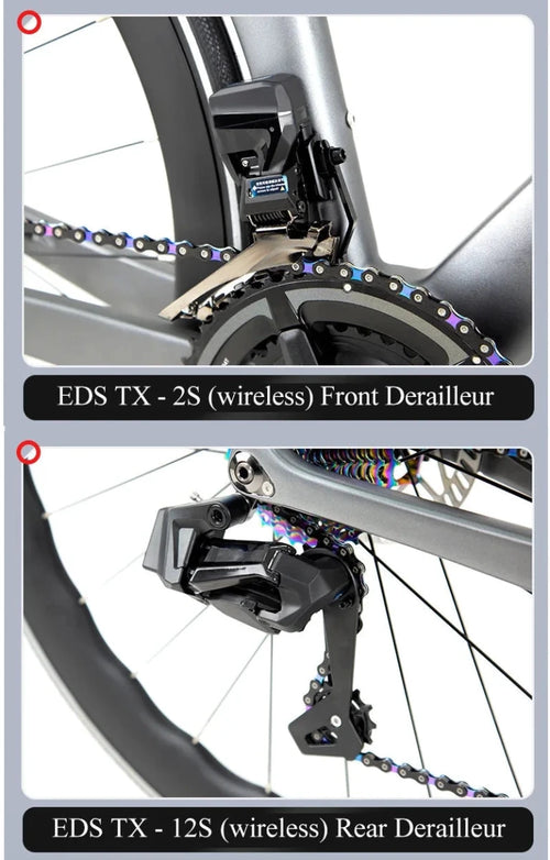 Mandotos Twitter 700x25C carbon road bicycle with wireless hydraulic disc brakes, 50mm carbon wheels, and EDS TX 24S shifter.