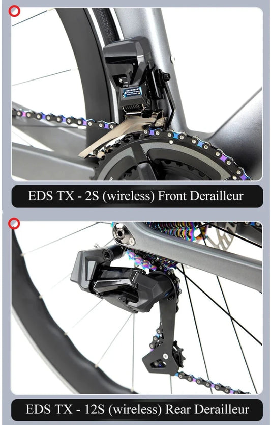 Mandotos Twitter 700x25C carbon road bicycle with wireless hydraulic disc brakes, 50mm carbon wheels, and EDS TX 24S shifter.