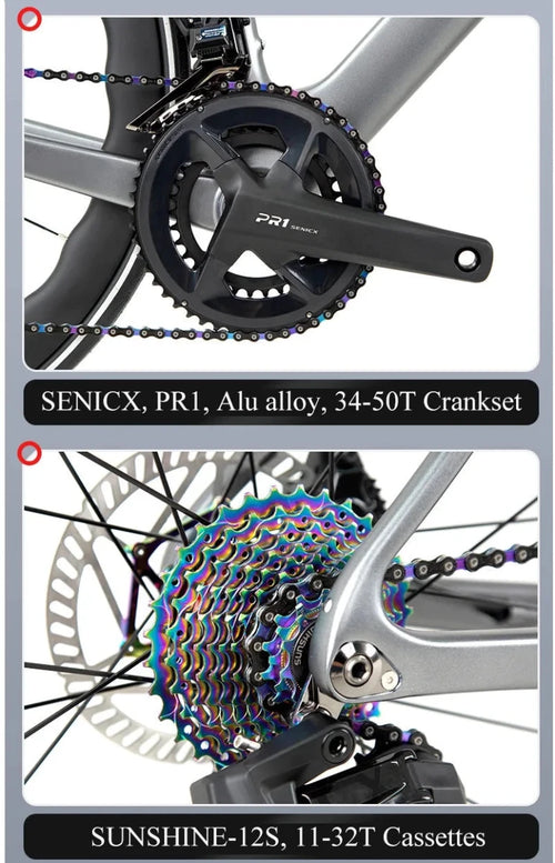 Mandotos Twitter 700x25C carbon road bicycle with hydraulic disc brakes, wireless shifter, 50mm carbon wheels, and racing design