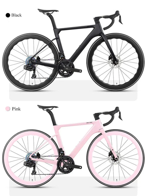 Mandotos Twitter 700x25C carbon road bicycle with hydraulic disc brakes, 50mm carbon wheels, wireless shifter, and racing design
