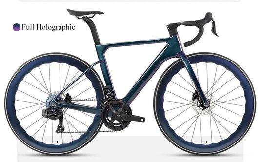 Mandotos Twitter 700x25c carbon road bicycle with hydraulic disc brakes, 50mm carbon wheels, wireless shifter, and racing design.