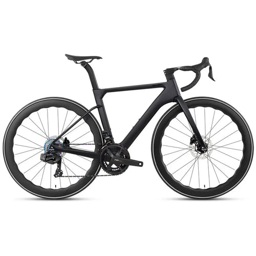 Mandotos Twitter 700x25C carbon road bicycle with hydraulic disc brakes, 50mm carbon wheels, wireless shifting, and racing design.