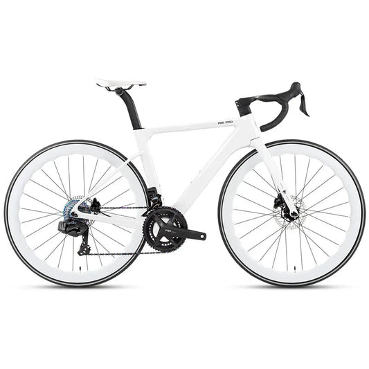 Mandotos Twitter 700x25C carbon road bicycle with hydraulic disc brakes, wireless shifter, 50mm carbon wheels, and racing design.
