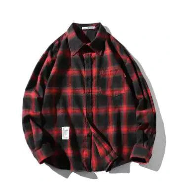 Unisex checkered long sleeve shirt by MANDOTOS featuring a classic red and black pattern, button-up front, and collar.