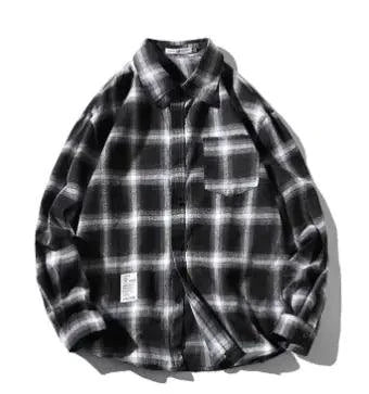 Unisex checkered long sleeve shirt by MANDOTOS featuring a classic pattern and button-up front, modeled on a white background.