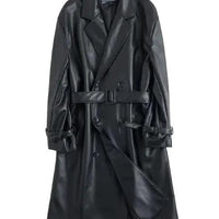 Mandotos Urban Edge men's faux leather jacket displayed on a hanger, showcasing its sleek black design and modern style.