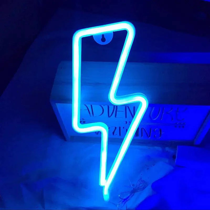 Mandotos USB and battery-powered LED neon lightning sign with vibrant glowing lightning bolt design.