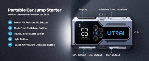Mandotos UTRAI 1500A portable car jump starter with 150 PSI air pump, emergency power boost for vehicles during journeys
