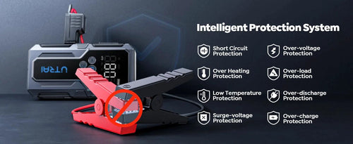 Mandotos UTRAI 1500A portable car jump starter with 150 PSI air pump for emergency power boost and vehicle maintenance.
