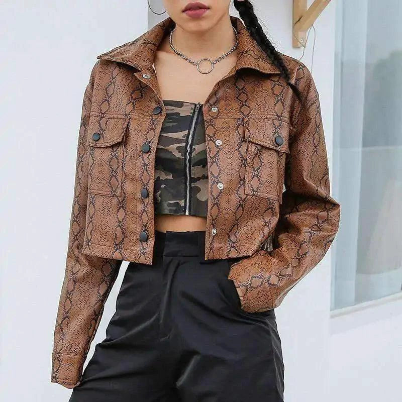 Mandotos Viper Leather Chic Jacket featuring sleek black leather with stylish design and modern fit.