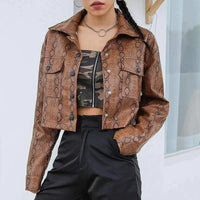 Mandotos Viper Leather Chic Jacket displayed on a hanger, showcasing sleek black leather with stylish stitching details.