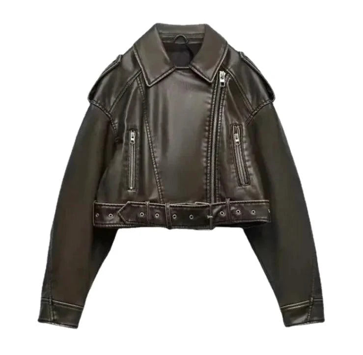 Mandotos washed faux leather jacket featuring a classic design with a smooth, distressed leather finish and stylish collar detail.