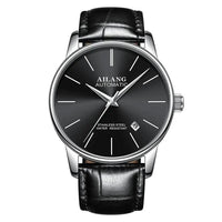 Mandotos men's automatic mechanical watch with black dial and stainless steel band, showcasing intricate watch movement.