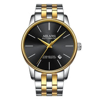 Mandotos men's automatic mechanical watch with black dial and stainless steel strap, showcasing intricate movement details.