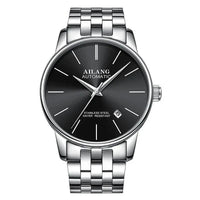 Mandotos men's automatic mechanical watch with black dial and stainless steel band, showcasing detailed watch face and sleek design.