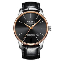 Mandotos men's automatic mechanical watch with black dial and silver stainless steel band, featuring classic design and detailed watch face.