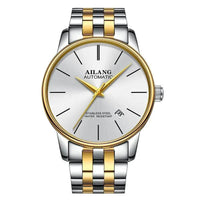 Mandotos men's automatic mechanical watch with a stainless steel band and round dial, showcasing intricate watch movement.