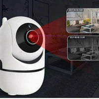 Mandotos WiFi wireless CCTV IP camera for home security, showing camera lens and mounting setup in a modern interior.