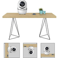 Mandotos WiFi wireless CCTV IP camera for home security, showing the sleek black camera mounted indoors.