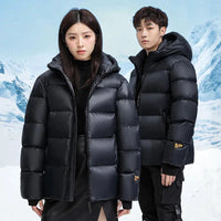 Mandotos winter black and gold down jacket for couples, featuring warm quilted design and stylish fit for cold weather.