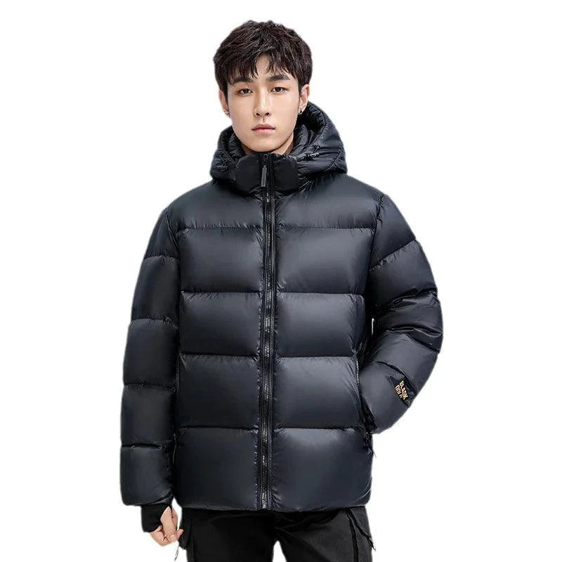 Mandotos winter black gold down jacket for couples, stylish insulated outerwear with gold accents and a sleek black design.