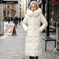 Mandotos winter long coat with thickened fur collar, stylish warm outerwear for cold weather, shown in a full-length view.