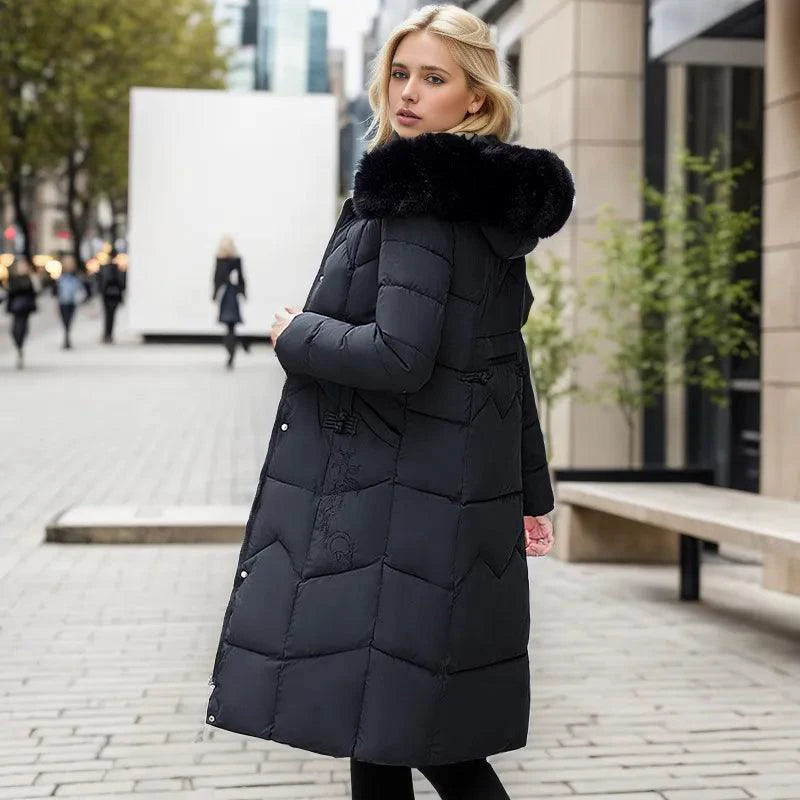 Mandotos winter long coat with thickened fur collar, stylish and warm outerwear for cold weather, black color, full-length view.