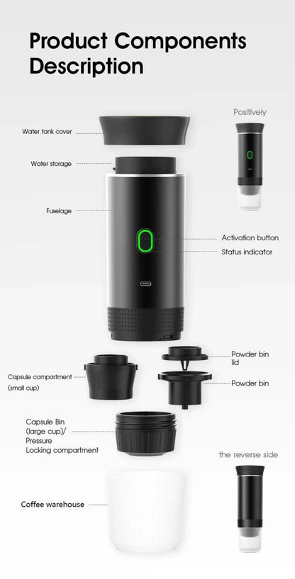 Wireless Electric Portable Espresso Coffee Machine for Car & Home Camping Coffee Maker 3-in-1 Capsule Powder Travel Coffee Maker - MANDOTOS