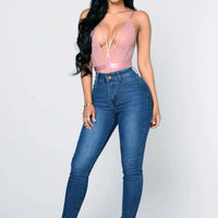 Women’s high waist stretch denim skinny jeans by MANDOTOS, full-length solid color pants with hip lift and slim fit design.