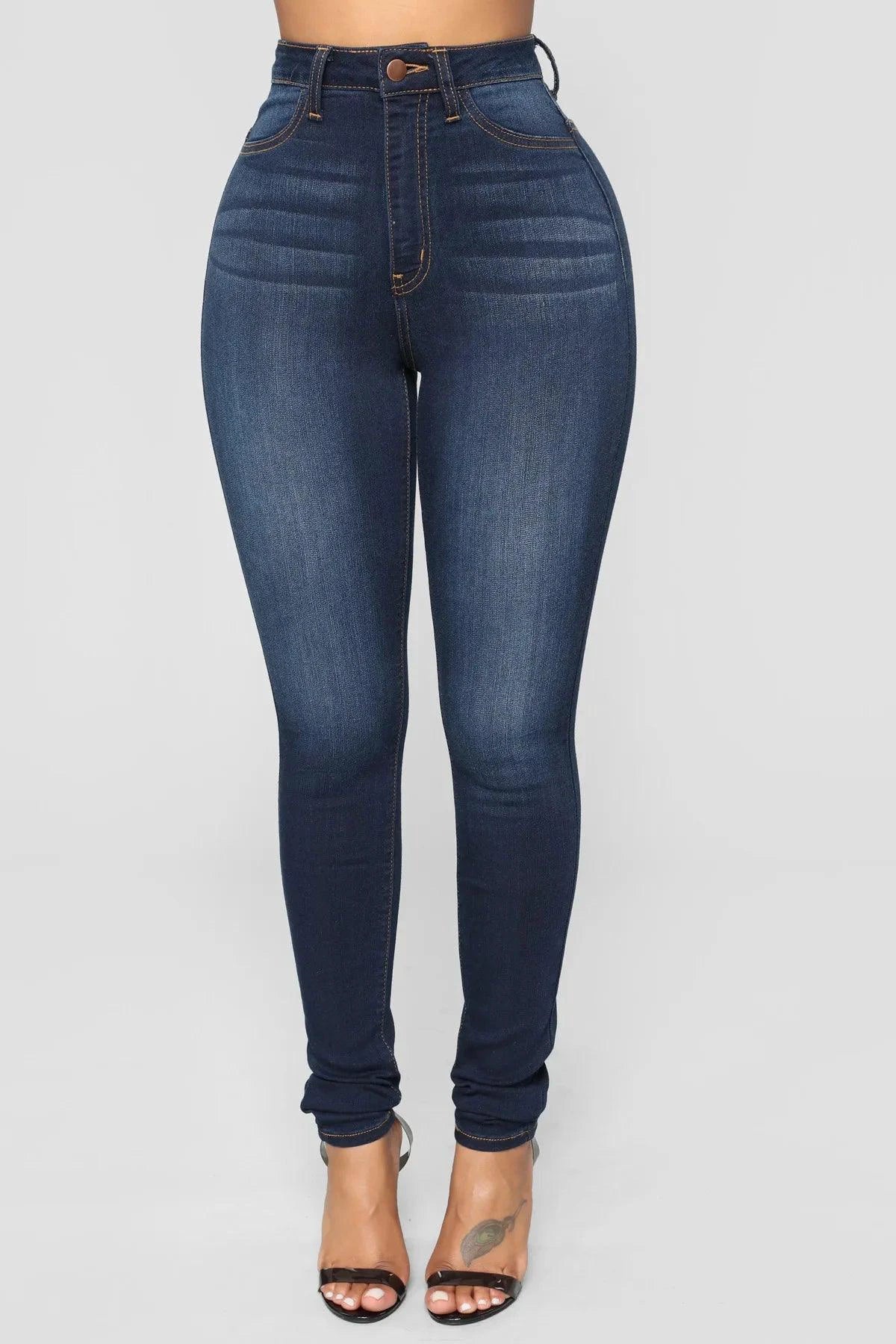 Women High Waist Stretch Hip Lift Denim Skinny Pants Jeans Full Length Sexy Slim Bleachded Solid Color Pants - MANDOTOS